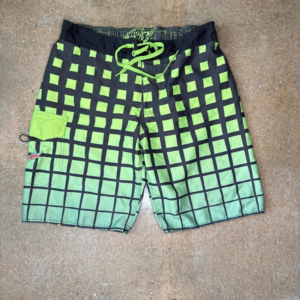 Mountain Dew Board Shorts Mens 34 Green Black Checkerboard Swim Trunks Y2K Surf
